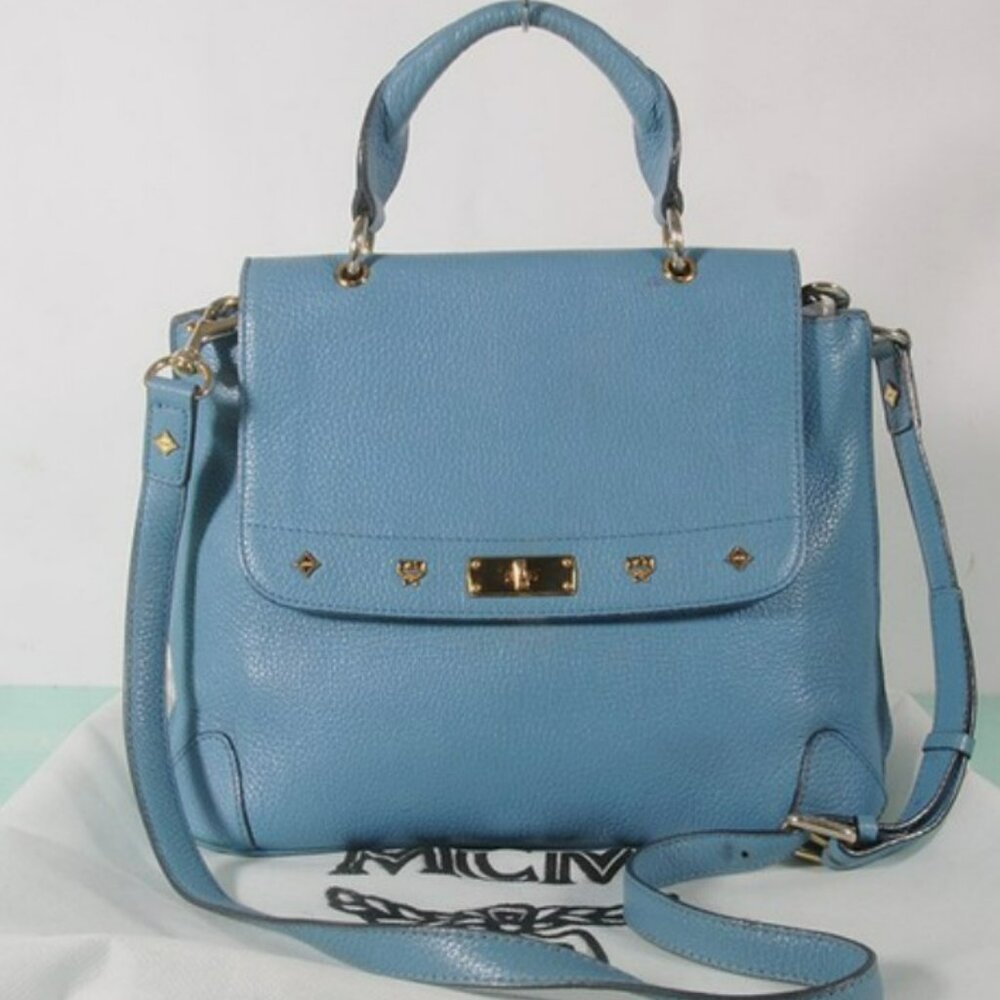 MCM Blue Pebbled Leather Top Handle Flap Bag w/ Shoulder Strap